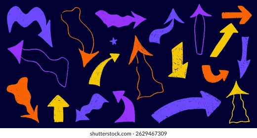 Arrow bold sketch with texture crayon chalk. Scribble hand drawn set arrow bold. Line crayon chalk set, Vector illustration