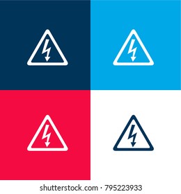 Arrow bolt signal of electrical shock risk in triangular shape four color material and minimal icon logo set in red and blue