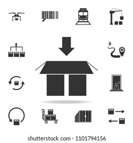 an arrow in the bottom above the packing box icon. Detailed set of logistic icons. Premium graphic design. One of the collection icons for websites, web design, mobile app on white background