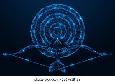 An arrow in the bow aimed at the center of the target. Polygonal design of lines and dots. Blue background.