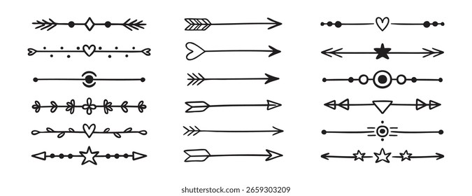 arrow bow doodle sketch scribble direction set heart, arrow, highlight underline text. Cute underlines border. Vector illustration