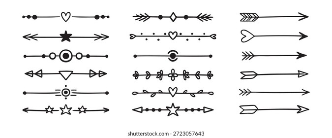Arco de flecha Doodle Sketch Garabato Dirección Establecer corazón, flecha, texto subrayado resaltado. Lindo subraya la frontera. Ilustración vectorial