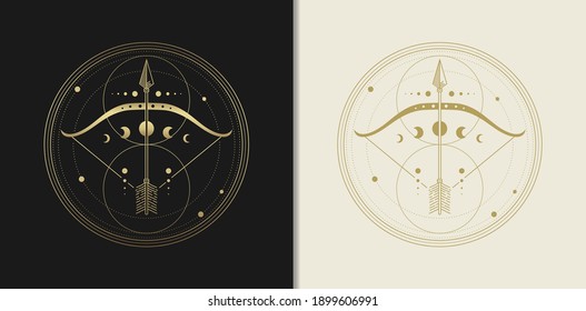 Arrow, bow with geometric symbols frames. Sacred mystic signs drawn in lines. Illustration in black and gold colors.