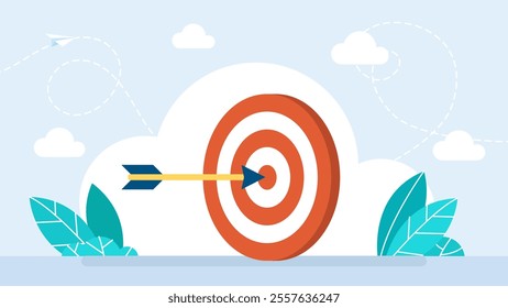 Arrow bow hit bullseye. Center of dartboard. Arrow on bullseye in target. Business success, investment goal, opportunity challenge, aim strategy, achievement focus concept. Vector illustration