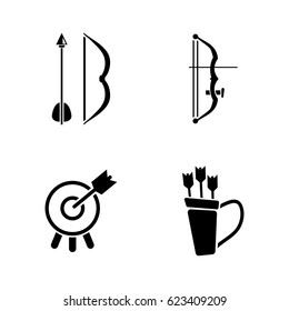 Arrow and Bow. Simple Related Vector Icons Set for Video, Mobile Apps, Web Sites, Print Projects and Your Design. Black Flat Illustration on White Background.