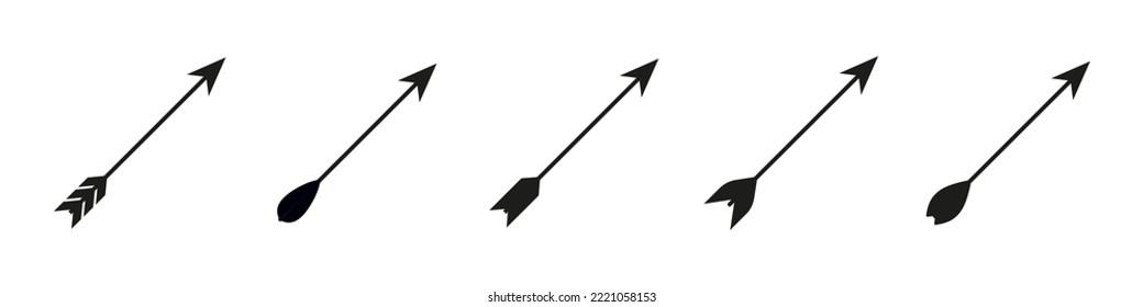 Iconos vectoriales de arco de flecha.  Arma de flecha antigua.  Colección vectorial de iconos de flecha negra aislada en fondo blanco.  eps10