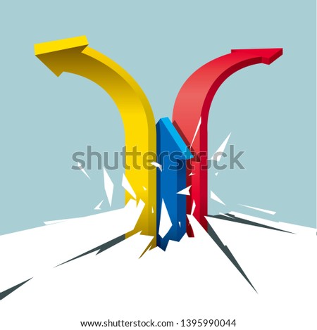 The arrow breaks through the ground. Isolated on blue background.