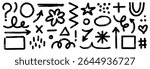 Arrow brush asterisk marker line shape set. Hand drawn brush stroke asterisk, arrow, squiggle shape with grunge texture. Abstract sketch paint elements for geometric background. Vector illustration