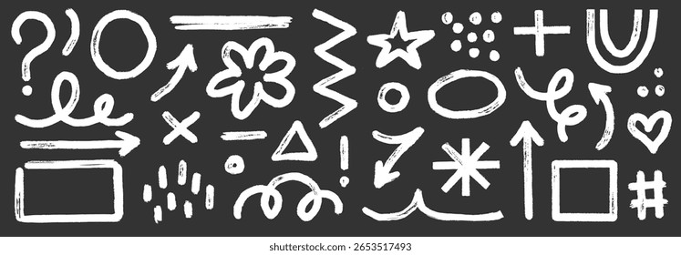 Pfeilpinsel Sternchen Marker Linie Form gesetzt. Handgezeichnete Pinsel Strich Sternchen, Pfeil, squiggle Form mit Grunge Textur. Abstrakte Skizzen malen Elemente für geometrischen Hintergrund. Vektorgrafik