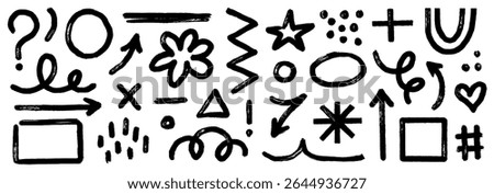 Arrow brush asterisk marker line shape set. Hand drawn brush stroke asterisk, arrow, squiggle shape with grunge texture. Abstract sketch paint elements for geometric background. Vector illustration