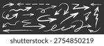 Arrow brush chalk set on blackboard. Arrow line hand drawn stroke with chalk marker crayon on chalkboard. Rough scribble doodle curve swirl underline dash kid fun texture. Vector illustration