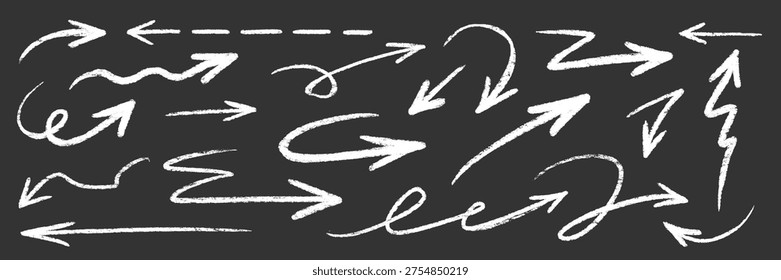 Arrow brush chalk set on blackboard. Arrow line hand drawn stroke with chalk marker crayon on chalkboard. Rough scribble doodle curve swirl underline dash kid fun texture. Vector illustration