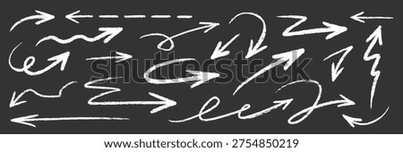 Arrow brush chalk set on blackboard. Arrow line hand drawn stroke with chalk marker crayon on chalkboard. Rough scribble doodle curve swirl underline dash kid fun texture. Vector illustration