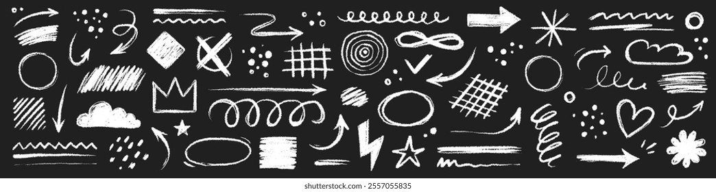 Arrow brush line chalk sketch texture brush vector set. Crayon marker scribble sketch stroke arrow element line brush hand drawn design. Texture abstract chalk, crayon style. Vector illustration