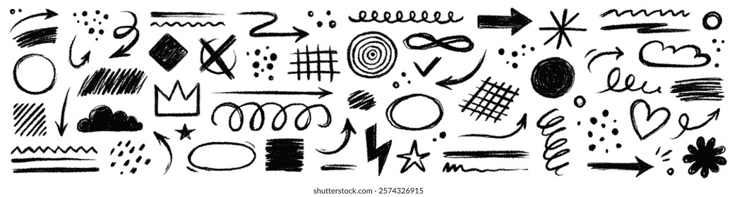 Arrow brush line chalk sketch texture brush vector set. Crayon marker scribble sketch stroke arrow element line brush hand drawn design. Texture abstract chalk, crayon style. Vector illustration