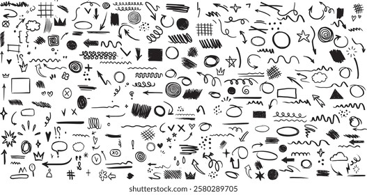 Arrow brush line chalk sketch texture brush vector set. Crayon marker scribble sketch stroke arrow element line brush hand drawn design