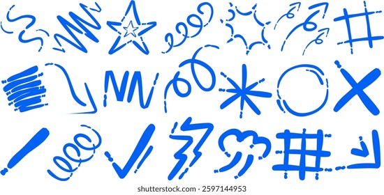 Arrow brush line chalk sketch texture brush vector set. Crayon marker scribble sketch stroke arrow element line brush hand drawn design. Texture abstract chalk, crayon style. Vector illustration
