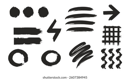 Arrow brush line chalk sketch texture brush vector set. Crayon marker scribble sketch stroke arrow element line brush hand drawn design. Vector illustration. 