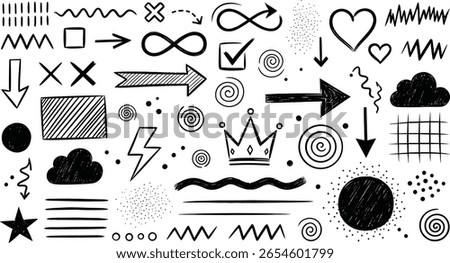 Arrow brush line chalk sketch texture brush vector set. Crayon marker scribble sketch stroke arrow element line brush hand drawn design