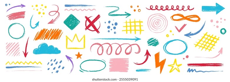 Arrow brush line color paint element shape set. Crayon abstract doodle color circle, arrow sketch hand drawn. Texture crayon brush sketch style shape background. Vector illustration