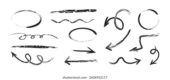 Arrow brush line crayon icon, crayon scribble hand drawn, sketch marker, charcoal doodle, chalk mark set isolated on white background. Grunge texture vector illustration