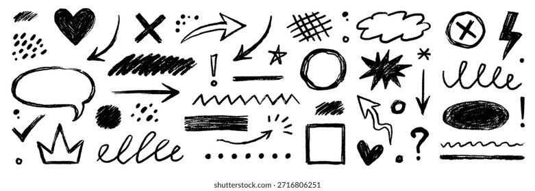 Elementos de textura de tiza de trazo de flecha. Dibujado a mano crayón pastel stroke flechas, círculos de tiza, conjunto de colores de puntos. Resalte, conjunto de Formas de garabato de tiza de pincel de marco circular. Ilustración vectorial