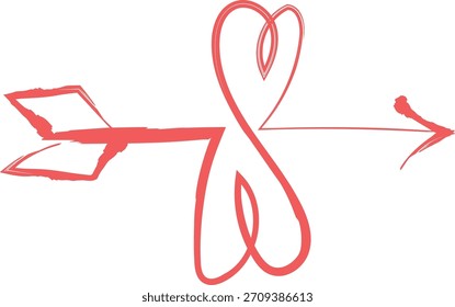 Arrow with brush stroke forming a looping heart ribbon and sketchy fletching. Cupid shaft flows into a love knot linework with rough texture. Cartoon vector illustration