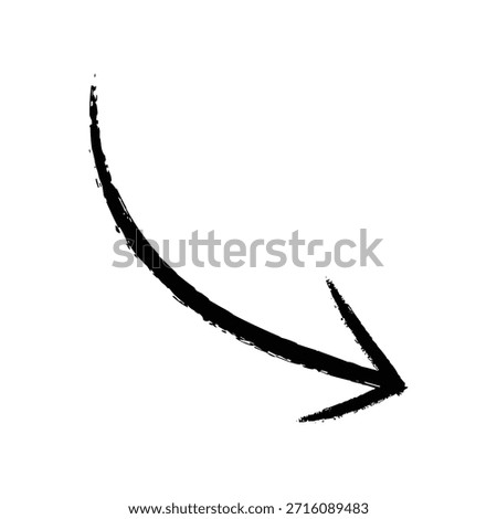arrow, brush stroke, hand drawn, black, white, direction, pointer, graphic, symbol, design, element, isolated, simple, curved, down, right, bold, paint, ink, marker, sketch, outline, shape, sign, icon, mark, movement, indication, transportation, next