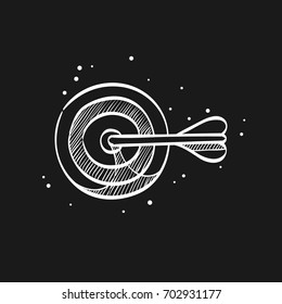 Arrow bullseye icon in doodle sketch lines. Business sport target strategy