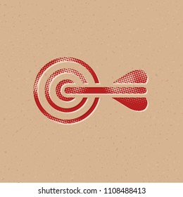 Arrow bullseye icon in halftone style. Grunge background vector illustration.