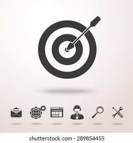 Arrow in bullseye icon with shadow, and set of SEO icons - target with arrow, tag, world, magnifier, mail, support, idea, instruments, site. Vector