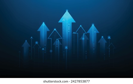 ARROW Business Growth Investment Trading Stock Erhöhen Technologie auf blauem Hintergrund.Profit Income Marketing. Wirtschaftlicher Trend steigend. Progressive Entwicklung Finanzierung Zielrichtung.