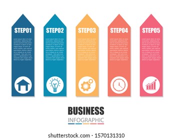 Arrow up business infographic. Elements of the graph 5 steps of work. Can be used to present as a workflow diagram. Vector illustration flat design background.