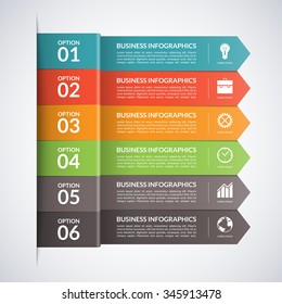 Arrow Business Infographics Design Template. 6 Steps, Parts, Options, Stages Abstract Vector Background