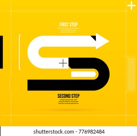 Arrow business layout with two steps in elegant techno style on bright yellow background.
