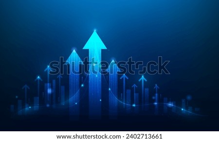 arrow up business success goal target technology digital blue background. finance stock graph investment in increase. growth chart return on investment. startup business concept.