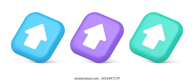 Arrow up button directional pointer cyberspace cursor 3d realistic blue purple and green icons. Upward click web app design control keyboard point upload user interface element