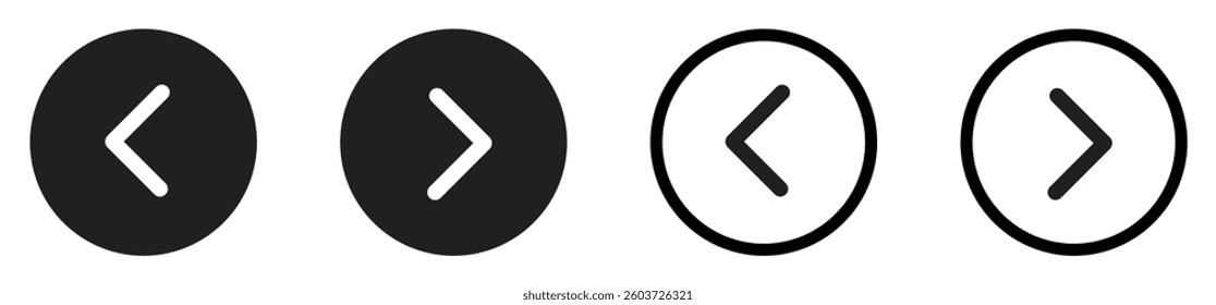 Arrow button icon set showing left and right arrow symbols in filled and outline circular shapes.
