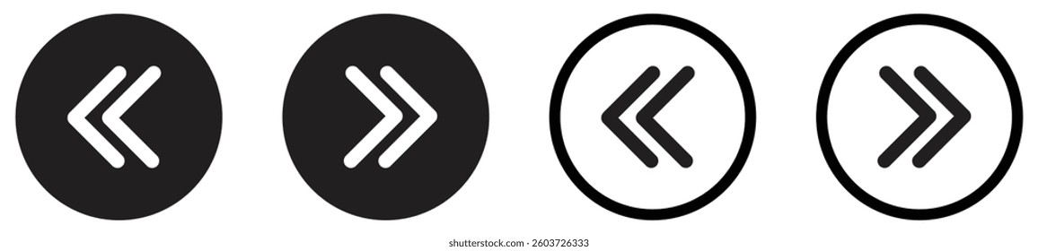 Arrow button icon set showing double arrow symbols in filled and outline circular shapes.