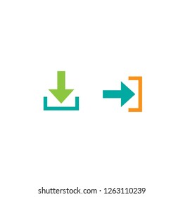 Arrow button set. Sharp blue arrow down and right in square box. flat icons isolated on white. point line button. Upload icon. Upgrade. download, share