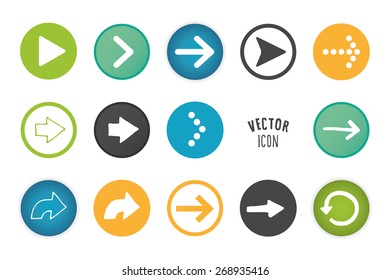 Arrow button set. Simple circle shape button with white minimalistic icons. Vector graphic elements.