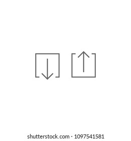 Arrow button set. Thin arrow up and down in square box. flat icons isolated on white. point line button. Upload icon. Upgrade. download, share