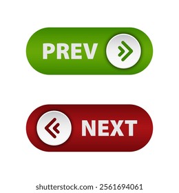  Arrow buttons: green “PREV” to go backwards and red “NEXT” to go forwards. Suitable for web interfaces and applications .Vector illustration on light background.