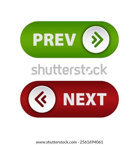  Arrow buttons: green “PREV” to go backwards and red “NEXT” to go forwards. Suitable for web interfaces and applications .Vector illustration on light background.