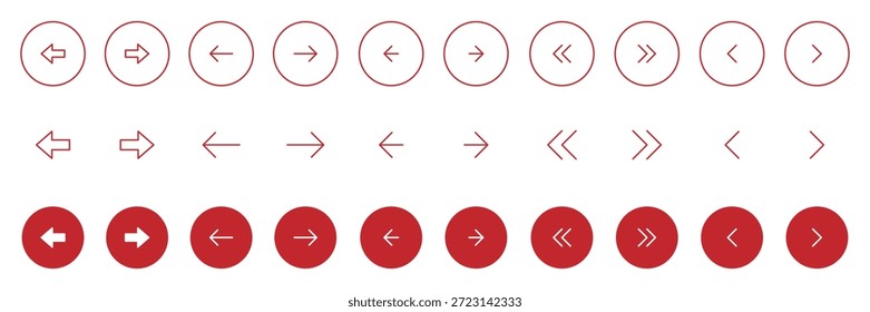 Arrow buttons icon set. Arrow line and solid icons set. Website slider navigation symbols. Next and previous rounded buttons for app. Red arrow buttons isolated and outline vector illustration.