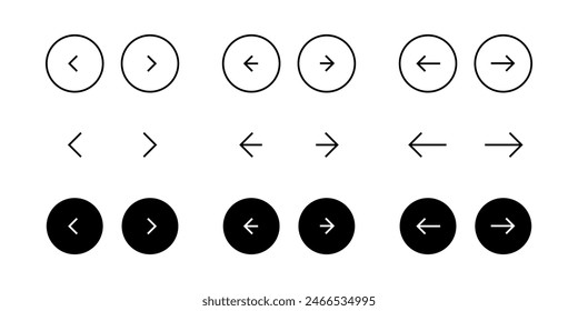 Arrow buttons icon set. Website slider navigation symbols. Next and previous rounded buttons for app. Web interface arrow buttons isolated illustration.