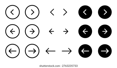Arrow buttons icon set. Website slider navigation symbols. Next and previous rounded buttons for app. Web interface arrow buttons isolated illustration.