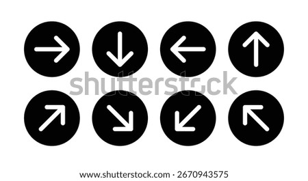 Arrow buttons pointing left, right, up, and down with diagonal directions representing navigation, movement, interface control, digital cursor keys, and web or app design concept