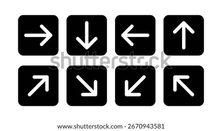 Arrow buttons pointing left, right, up, and down with diagonal directions representing navigation, movement, interface control, digital cursor keys, and web or app design concept