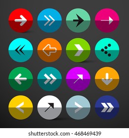 Arrow Buttons Set. Vector Colorful Circles with Arrows Signs on Dark Background.